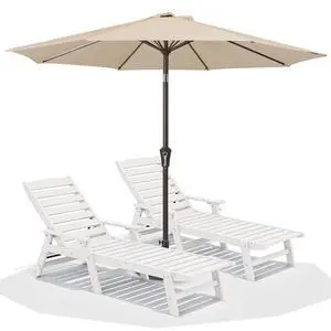 Patio Chaise Lounge Chair Set of 2 with 9FT Patio Umbrella, 78'' HDPE Outdoor Lounger, Poly Lounge Chair with Rolling Wheels & Cup Holder for Pool,Light White (Umbreall Base not Included) Patio Chaise Lounge Chair Set of 2 with 9FT Patio Umbrella, 78'' HDPE Outdoor Lounger, Poly Lounge Chair with Rolling Wheels & Cup Holder for Pool,Light White (Umbreall Base not Included)