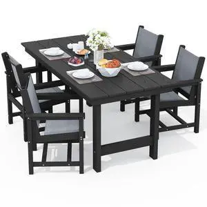 5 Piece Outdoor Dining Table Sets for 4 with 1 Umbrella Hole Cut-Out Rectangular Table and 4 Textilene Chairs, HDPE Dining Table Sets for Garden, Backyard, Poolside, Black 5 Piece Outdoor Dining Table Sets for 4 with 1 Umbrella Hole Cut-Out Rectangular Table and 4 Textilene Chairs, HDPE Dining Table Sets for Garden, Backyard, Poolside, Black