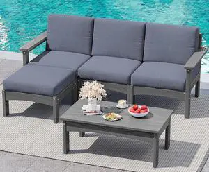 5-Piece Patio Sofas, All-Weather HDPE Outdoor Sectional Sofa with Cushions and Coffee Table, Large Modular Patio Conversation Set for Garden, Lawn, Deck, Porch, Grey Frame with Grey Cushion 5-Piece Patio Sofas, All-Weather HDPE Outdoor Sectional Sofa with Cushions and Coffee Table, Large Modular Patio Conversation Set for Garden, Lawn, Deck, Porch, Grey Frame with Grey Cushion