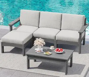5-Piece Patio Sofas, All-Weather HDPE Outdoor Sectional Sofa with Cushions and Coffee Table, Large Modular Patio Conversation Set for Garden, Lawn, Deck, Porch, Grey Frame with Khaki Cushion 5-Piece Patio Sofas, All-Weather HDPE Outdoor Sectional Sofa with Cushions and Coffee Table, Large Modular Patio Conversation Set for Garden, Lawn, Deck, Porch, Grey Frame with Khaki Cushion