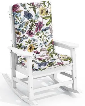 SEWALL Oversized Outdoor Rocking Chair with Cushion, Patio Rocking Chairs for Porch, White HDPR Rocker+Flower Cushion SEWALL Oversized Outdoor Rocking Chair with Cushion, Patio Rocking Chairs for Porch, White HDPR Rocker+Flower Cushion