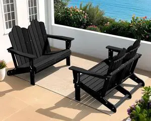 Folding Adirondack Bench, HDPE All-Weather Adirondack Loveseat Set of 2, Black Folding Adirondack Bench, HDPE All-Weather Adirondack Loveseat Set of 2, Black