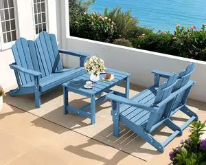 3 Pieces Patio Adirondack Bench Set, 2 Folding Adirondack Bench and 1 Coffee Table Set for Front Porch Garden Balcony Backyard, Navy 3 Pieces Patio Adirondack Bench Set, 2 Folding Adirondack Bench and 1 Coffee Table Set for Front Porch Garden Balcony Backyard, Navy