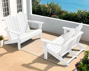 Folding Adirondack Bench Set of 2, HDPE All-Weather Adirondack Loveseat, Folding Outdoor Bench, White Folding Adirondack Bench Set of 2, HDPE All-Weather Adirondack Loveseat, Folding Outdoor Bench, White