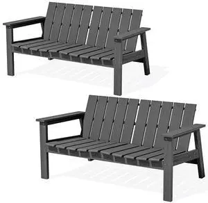 HDPE Outdoor Bench Set of 2, 2-Person All-Weather Patio Garden Bench with 660 lbs Capacity, Curved Seat, Outdoor Patio Bench for Deck, Lawn, Garden, Grey HDPE Outdoor Bench Set of 2, 2-Person All-Weather Patio Garden Bench with 660 lbs Capacity, Curved Seat, Outdoor Patio Bench for Deck, Lawn, Garden, Grey