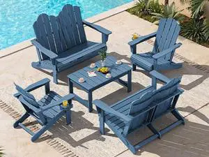 5 Pieces HDPE Patio Adirondack Chair Set, 2 Adirondack Chair with Cup Holder & 2 Adirondack Bench & 1 Coffee Table with Umbrella Hole, Navy 5 Pieces HDPE Patio Adirondack Chair Set, 2 Adirondack Chair with Cup Holder & 2 Adirondack Bench & 1 Coffee Table with Umbrella Hole, Navy