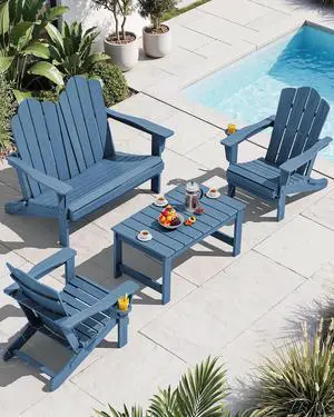 4 Pieces HDPE Patio Adirondack Chair Set, 2 Adirondack Chair with Cup Holder & 1 Adirondack Bench & 1 Coffee Table with Umbrella Hole, Navy 4 Pieces HDPE Patio Adirondack Chair Set, 2 Adirondack Chair with Cup Holder & 1 Adirondack Bench & 1 Coffee Table with Umbrella Hole, Navy