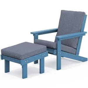 Adirondack Chair with Cushion and Ottoman -All Weather HDPE Outdoor Adirondack Chair Set, Durable Adirondack Patio Chairs for Garden, Deck, or Poolside- Blue Adirondack Chair with Cushion and Ottoman -All Weather HDPE Outdoor Adirondack Chair Set, Durable Adirondack Patio Chairs for Garden, Deck, or Poolside- Blue