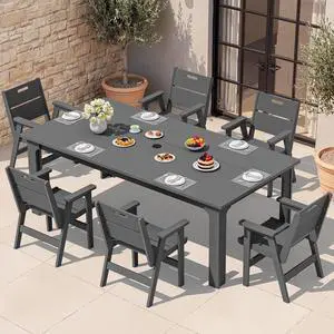 7 Piece HDPE Patio Dining Set, 76 Inch Outdoor Dining Table with 6 Chairs, All Weather Resistant Heavy Duty Outdoor Furniture with Umbrella Hole for Garden Backyard Deck, Gray 7 Piece HDPE Patio Dining Set, 76 Inch Outdoor Dining Table with 6 Chairs, All Weather Resistant Heavy Duty Outdoor Furniture with Umbrella Hole for Garden Backyard Deck, Gray