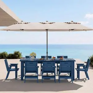 76" HDPE Outdoor Dining Set, 10 Pieces Patio Furniture with Rectangular Table, 8 Chairs & 1 Umbrella (Base Not Included), All-Weather Outdoor Dining Set for Backyard Deck Balcony, Blue 76" HDPE Outdoor Dining Set, 10 Pieces Patio Furniture with Rectangular Table, 8 Chairs & 1 Umbrella (Base Not Included), All-Weather Outdoor Dining Set for Backyard Deck Balcony, Blue