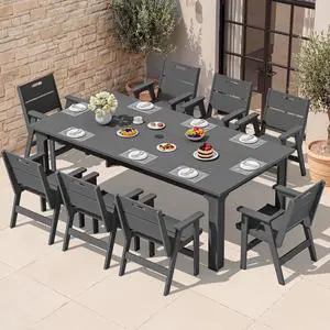9-Piece HDPE Outdoor Patio Dining Set, All-Weather Rectangular Table with Umbrella Hole & 8 Arm Chairs, Weather Resistant Heavy Duty Outdoor Furniture for Backyard, Deck, Garden, Gray 9-Piece HDPE Outdoor Patio Dining Set, All-Weather Rectangular Table with Umbrella Hole & 8 Arm Chairs, Weather Resistant Heavy Duty Outdoor Furniture for Backyard, Deck, Garden, Gray