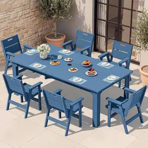 76" HDPE Outdoor Dining Set for 6, 7 Pieces All-Weather Dining Set with Rectangular Dining Table and 6 Chairs, Water & Fade Resistant Outdoor Dining Set for Backyard, Deck, Balcony, Blue 76" HDPE Outdoor Dining Set for 6, 7 Pieces All-Weather Dining Set with Rectangular Dining Table and 6 Chairs, Water & Fade Resistant Outdoor Dining Set for Backyard, Deck, Balcony, Blue