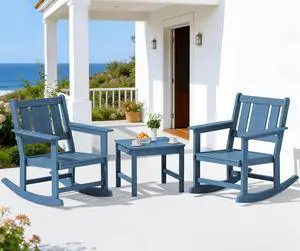 Outdoor Rocking Chairs Set of 2 with Side Table, All-Weather HDPE 3 Piece Patio Furniture Set, Outdoor Bistro Set with Umbrella Hole for Porch Deck Lawn Balcony, Navy Outdoor Rocking Chairs Set of 2 with Side Table, All-Weather HDPE 3 Piece Patio Furniture Set, Outdoor Bistro Set with Umbrella Hole for Porch Deck Lawn Balcony, Navy