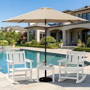 Outdoor Rocking Chairs Set of 2 with 1 Side Table & 9ft Patio Umbrella, All-Weather HDPE 3 Piece Patio Furniture Set(Umbrella Base Not Included), White Outdoor Rocking Chairs Set of 2 with 1 Side Table & 9ft Patio Umbrella, All-Weather HDPE 3 Piece Patio Furniture Set(Umbrella Base Not Included), White