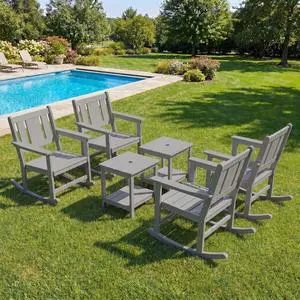 HDPE Outdoor Rocking Chairs Set of 6, All Weather 4 Porch Rockers with 2 Side Tables, Waterproof Patio Conversation Set for Fire Pit, Garden, Backyard, Grey HDPE Outdoor Rocking Chairs Set of 6, All Weather 4 Porch Rockers with 2 Side Tables, Waterproof Patio Conversation Set for Fire Pit, Garden, Backyard, Grey