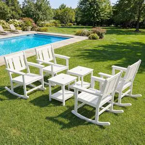 HDPE Outdoor Rocking Chairs Set of 6, All Weather 4 Porch Rockers with 2 Side Tables, Waterproof Patio Conversation Set for Fire Pit, Garden, Backyard, White HDPE Outdoor Rocking Chairs Set of 6, All Weather 4 Porch Rockers with 2 Side Tables, Waterproof Patio Conversation Set for Fire Pit, Garden, Backyard, White