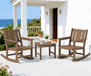 Outdoor Rocking Chairs Set of 2 with Side Table, All-Weather HDPE 3 Piece Patio Furniture Set, Patio Bistro Set with Pre-Drilled Umbrella Hole for for Porch Deck Lawn Balcony, Brown Outdoor Rocking Chairs Set of 2 with Side Table, All-Weather HDPE 3 Piece Patio Furniture Set, Patio Bistro Set with Pre-Drilled Umbrella Hole for for Porch Deck Lawn Balcony, Brown