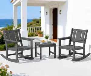 Outdoor Rocking Chair Set of 2 with Side Table, All-Weather HDPE 3 Piece Patio Furniture Set, Outdoor Bistro Set with Pre-Drilled Hole for Porch Deck Lawn Balcony, Grey Outdoor Rocking Chair Set of 2 with Side Table, All-Weather HDPE 3 Piece Patio Furniture Set, Outdoor Bistro Set with Pre-Drilled Hole for Porch Deck Lawn Balcony, Grey