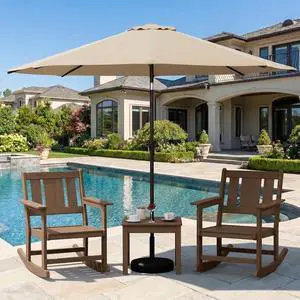 Outdoor Rocking Chairs Set of 2 with 1 Side Table & 9ft Patio Umbrella, All-Weather HDPE 3 Piece Patio Furniture Set(Umbrella Base Not Included), Brown Outdoor Rocking Chairs Set of 2 with 1 Side Table & 9ft Patio Umbrella, All-Weather HDPE 3 Piece Patio Furniture Set(Umbrella Base Not Included), Brown