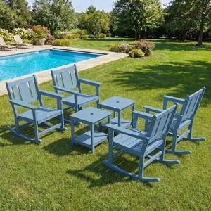 HDPE Outdoor Rocking Chairs Set of 6, All Weather 4 Porch Rockers with 2 Side Tables, Waterproof Patio Conversation Set for Fire Pit, Garden, Backyard, Blue HDPE Outdoor Rocking Chairs Set of 6, All Weather 4 Porch Rockers with 2 Side Tables, Waterproof Patio Conversation Set for Fire Pit, Garden, Backyard, Blue