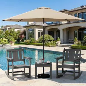 Outdoor Rocking Chairs Set of 2 with 1 Side Table & 9ft Patio Umbrella, All-Weather HDPE 3 Piece Patio Furniture Set(Umbrella Base Not Included), Grey Outdoor Rocking Chairs Set of 2 with 1 Side Table & 9ft Patio Umbrella, All-Weather HDPE 3 Piece Patio Furniture Set(Umbrella Base Not Included), Grey