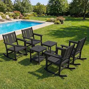 HDPE Outdoor Rocking Chairs Set of 6, All Weather 4 Porch Rockers with 2 Side Tables, Waterproof Patio Conversation Set for Fire Pit, Garden, Backyard, Black HDPE Outdoor Rocking Chairs Set of 6, All Weather 4 Porch Rockers with 2 Side Tables, Waterproof Patio Conversation Set for Fire Pit, Garden, Backyard, Black