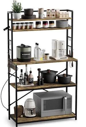 Backers Rack with Power Outlet, 39.4" W Kitchen Microwave Stand with 8 S-Shaped Hooks, 5 Tiers Coffee Bar Station Storage Shelf for Spices, Pots, Rustic Brown Backers Rack with Power Outlet, 39.4" W Kitchen Microwave Stand with 8 S-Shaped Hooks, 5 Tiers Coffee Bar Station Storage Shelf for Spices, Pots, Rustic Brown