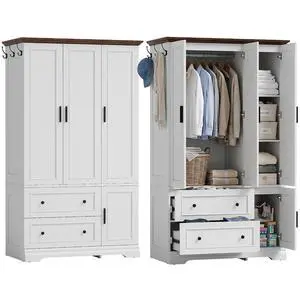 3 Door Wooden Armoire Wardrobe Closet, 70.9" H x 21.1" D with Hanging Rod, Fixed Shelves & 2 Drawers, Soft-Close Hinges, Ball-Bearing Slides (White/Walnut) 3 Door Wooden Armoire Wardrobe Closet, 70.9" H x 21.1" D with Hanging Rod, Fixed Shelves & 2 Drawers, Soft-Close Hinges, Ball-Bearing Slides (White/Walnut)