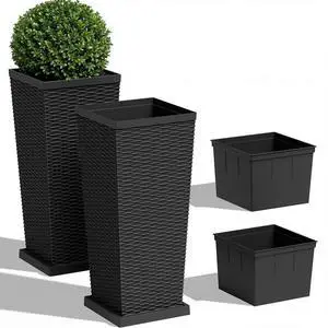 Set of 2 Resin Widened Tapered Planters, Rattan Texture Planters with Drainage Holes and Trays, Outdoor Flowers Pots for Plants, Porch & Patio Decor (Black, 30'' H, Inner & Outer Trays) Set of 2 Resin Widened Tapered Planters, Rattan Texture Planters with Drainage Holes and Trays, Outdoor Flowers Pots for Plants, Porch & Patio Decor (Black, 30'' H, Inner & Outer Trays)