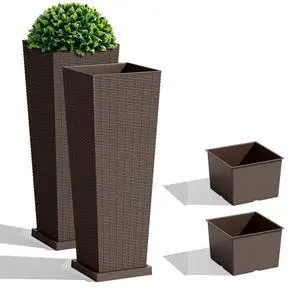 Set of 2 Resin Rattan Tall Planters for Outdoor Plants, Large Tapered Planters with Drainage Holes,Flower Pots for Garden, Patio, Porch, Backyard (Brown, 32",Inner & Outer Trays) Set of 2 Resin Rattan Tall Planters for Outdoor Plants, Large Tapered Planters with Drainage Holes,Flower Pots for Garden, Patio, Porch, Backyard (Brown, 32",Inner & Outer Trays)