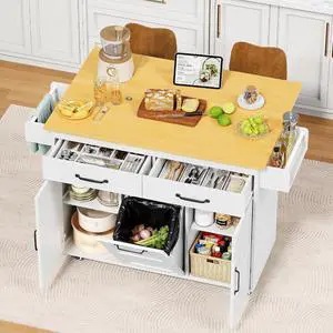 Rolling Kitchen Island with Drop Leaf, Mobile Cart on Wheels with Hidden Trash Can Cabinet and 2 Drawers, 56 Kitchen Storage Island with Spice Rack & Towel Rack for Dining Room, White Rolling Kitchen Island with Drop Leaf, Mobile Cart on Wheels with Hidden Trash Can Cabinet and 2 Drawers, 56 Kitchen Storage Island with Spice Rack & Towel Rack for Dining Room, White