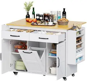 Kitchen Island with Trash Can Storage, Mobile Kitchen Cart on Wheels with Drop Leaf and 2 Drawers, 56 Rolling Storage Cart with Spice Rack & Towel Rack for Dining Room, White Kitchen Island with Trash Can Storage, Mobile Kitchen Cart on Wheels with Drop Leaf and 2 Drawers, 56 Rolling Storage Cart with Spice Rack & Towel Rack for Dining Room, White