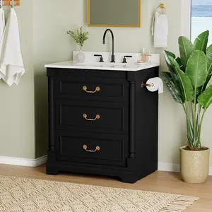30 Inch Bathroom Vanity with Sink, Small Bathroom Vanity Cabinet with Ceramic Basin, Marble-Look Countertop, Tilt-Out Drawer, Storage Drawers, Freestanding Bathroom Cabinet (Black) 30 Inch Bathroom Vanity with Sink, Small Bathroom Vanity Cabinet with Ceramic Basin, Marble-Look Countertop, Tilt-Out Drawer, Storage Drawers, Freestanding Bathroom Cabinet (Black)