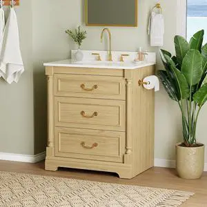 30 Inch Bathroom Vanity with Sink, Small Bathroom Vanity Cabinet with Ceramic Basin, Marble-Look Countertop, Tilt-Out Drawer, Storage Drawers, Freestanding Bathroom Cabinet (Natural Oak) 30 Inch Bathroom Vanity with Sink, Small Bathroom Vanity Cabinet with Ceramic Basin, Marble-Look Countertop, Tilt-Out Drawer, Storage Drawers, Freestanding Bathroom Cabinet (Natural Oak)