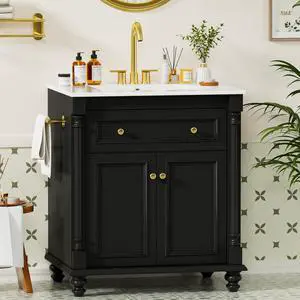 30" Bathroom Vanity with Sink Combo, Freestanding Modern Bathroom Sink Cabinet with Flip-Down Drawer, 2 Doors & Adjustable Shelf, Bathroom Cabinet with Ceramic Integrated Sink (Black) 30" Bathroom Vanity with Sink Combo, Freestanding Modern Bathroom Sink Cabinet with Flip-Down Drawer, 2 Doors & Adjustable Shelf, Bathroom Cabinet with Ceramic Integrated Sink (Black)