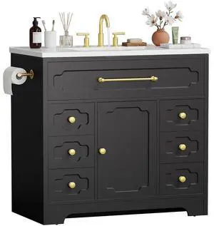 36 Inch Bathroom Vanity with Ceramic Sink,Bathroom Storage Cabinet with Toilet Paper Holder&5 Drawers,Adjustable Shelf,Standing Bathroom Cabinet with Tip-Out Drawer,Black 36 Inch Bathroom Vanity with Ceramic Sink,Bathroom Storage Cabinet with Toilet Paper Holder&5 Drawers,Adjustable Shelf,Standing Bathroom Cabinet with Tip-Out Drawer,Black