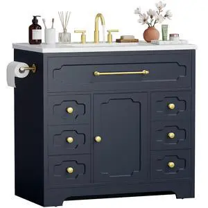 36 Inch Bathroom Vanity with Ceramic Sink,Bathroom Storage Cabinet with Toilet Paper Holder&5 Drawers,Adjustable Shelf,Standing Bathroom Cabinet with Tip-Out Drawer,Blue 36 Inch Bathroom Vanity with Ceramic Sink,Bathroom Storage Cabinet with Toilet Paper Holder&5 Drawers,Adjustable Shelf,Standing Bathroom Cabinet with Tip-Out Drawer,Blue