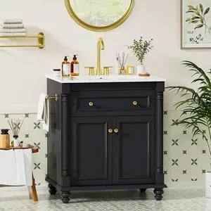 30" Bathroom Vanity with Sink Combo, Freestanding Modern Bathroom Sink Cabinet with Flip-Down Drawer, 2 Doors & Adjustable Shelf, Bathroom Cabinet with Ceramic Integrated Sink (Deep Blue) 30" Bathroom Vanity with Sink Combo, Freestanding Modern Bathroom Sink Cabinet with Flip-Down Drawer, 2 Doors & Adjustable Shelf, Bathroom Cabinet with Ceramic Integrated Sink (Deep Blue)