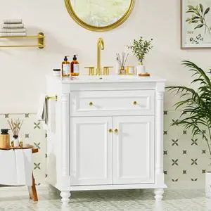 30" Bathroom Vanity with Sink Combo, Freestanding Modern Bathroom Sink Cabinet with Flip-Down Drawer, 2 Doors & Adjustable Shelf, Bathroom Cabinet with Ceramic Integrated Sink (White) 30" Bathroom Vanity with Sink Combo, Freestanding Modern Bathroom Sink Cabinet with Flip-Down Drawer, 2 Doors & Adjustable Shelf, Bathroom Cabinet with Ceramic Integrated Sink (White)