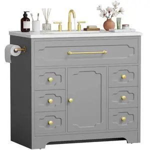 36 Inch Bathroom Vanity with Ceramic Sink,Bathroom Storage Cabinet with Toilet Paper Holder&5 Drawers,Adjustable Shelf,Standing Bathroom Cabinet with Tip-Out Drawer,Grey 36 Inch Bathroom Vanity with Ceramic Sink,Bathroom Storage Cabinet with Toilet Paper Holder&5 Drawers,Adjustable Shelf,Standing Bathroom Cabinet with Tip-Out Drawer,Grey