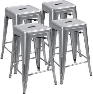 24 Inches Metal Bar Stools Industrial Barstools Stackable High Backless Stools Vintage Indoor Outdoor Stackable Kitchen Stools Set of 4 (Silver) 24 Inches Metal Bar Stools Industrial Barstools Stackable High Backless Stools Vintage Indoor Outdoor Stackable Kitchen Stools Set of 4 (Silver)