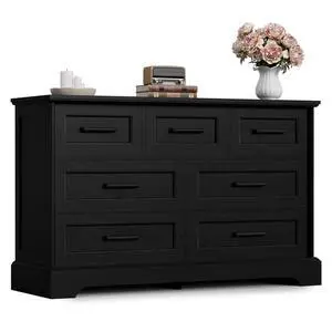 Farmhouse Dresser for Bedroom, 7 Drawers Dresser, Wood Chest of Drawers, 47.5" Wide Storage Dressers Organizer for Bedroom, Living Room, Black Farmhouse Dresser for Bedroom, 7 Drawers Dresser, Wood Chest of Drawers, 47.5" Wide Storage Dressers Organizer for Bedroom, Living Room, Black