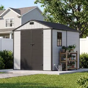 8 x 8 FT Resin Outdoor Storage Shed with Floor, Plastic Tool Shed with Lockable Door & Sloping Roof, All-Weather Garden Shed for Patio, Backyard, Poolside, Light Grey 8 x 8 FT Resin Outdoor Storage Shed with Floor, Plastic Tool Shed with Lockable Door & Sloping Roof, All-Weather Garden Shed for Patio, Backyard, Poolside, Light Grey