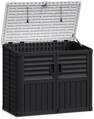 Resin Outdoor Storage Shed, 34 Cu Ft Horizontal Storage Cabinet for Trash Cans, Garden Tools, Pool Supplies (Black) Resin Outdoor Storage Shed, 34 Cu Ft Horizontal Storage Cabinet for Trash Cans, Garden Tools, Pool Supplies (Black)
