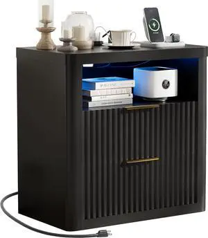 Fluted Nightstand with Charging Station & RGB Lights,Wooden End Table with 2 Deep Drawers & Open Storage Shelf,Thickened Top,Modern Bedside Table for Bedroom,Living Room,Black Fluted Nightstand with Charging Station & RGB Lights,Wooden End Table with 2 Deep Drawers & Open Storage Shelf,Thickened Top,Modern Bedside Table for Bedroom,Living Room,Black