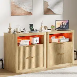 Fluted Nightstands Set of 2 with Charging Station & RGB Lights,Wooden End Table with 2 Deep Drawers & Open Storage Shelf,Thickened Top,Modern Bedside Table For Bedroom,Living Room,Natural Wood Fluted Nightstands Set of 2 with Charging Station & RGB Lights,Wooden End Table with 2 Deep Drawers & Open Storage Shelf,Thickened Top,Modern Bedside Table For Bedroom,Living Room,Natural Wood