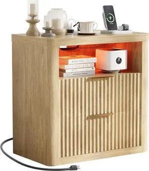 Fluted Nightstand with Charging Station & RGB Lights,Wooden End Table with 2 Deep Drawers & Open Storage Shelf,Thickened Top,Modern Bedside Table for Bedroom,Living Room,Wood Fluted Nightstand with Charging Station & RGB Lights,Wooden End Table with 2 Deep Drawers & Open Storage Shelf,Thickened Top,Modern Bedside Table for Bedroom,Living Room,Wood