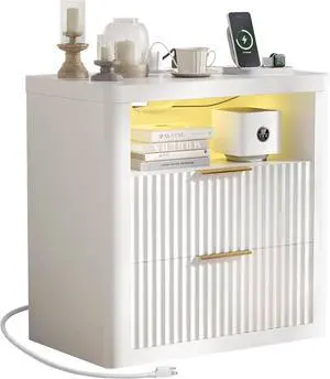 Fluted Nightstand with Charging Station & RGB Lights,Wooden End Table with 2 Deep Drawers & Open Storage Shelf,Thickened Top,Modern Bedside Table for Bedroom,Living Room,White Fluted Nightstand with Charging Station & RGB Lights,Wooden End Table with 2 Deep Drawers & Open Storage Shelf,Thickened Top,Modern Bedside Table for Bedroom,Living Room,White