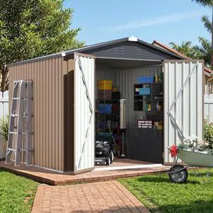 8x8 FT Outdoor Storage Shed, Heavy Duty Tool Metal Sheds with Lockable Doors and Updated Frame Structure for Backyard Patio Lawn, Brown 8x8 FT Outdoor Storage Shed, Heavy Duty Tool Metal Sheds with Lockable Doors and Updated Frame Structure for Backyard Patio Lawn, Brown