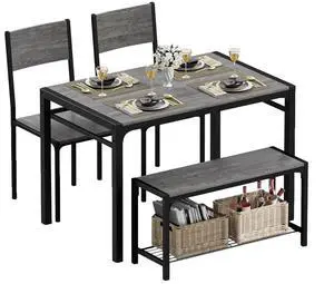 43.3" Dining Table Set for 4, Kitchen Table with Bench & 2 Chairs Modern Rectangular Metal Frame Dining Furniture Set for Small Space (Grey) 43.3" Dining Table Set for 4, Kitchen Table with Bench & 2 Chairs Modern Rectangular Metal Frame Dining Furniture Set for Small Space (Grey)